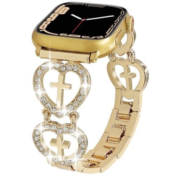 Apple Accessories - NEW Gold Bling Rhinestone Cross Heart Apple Watch Band